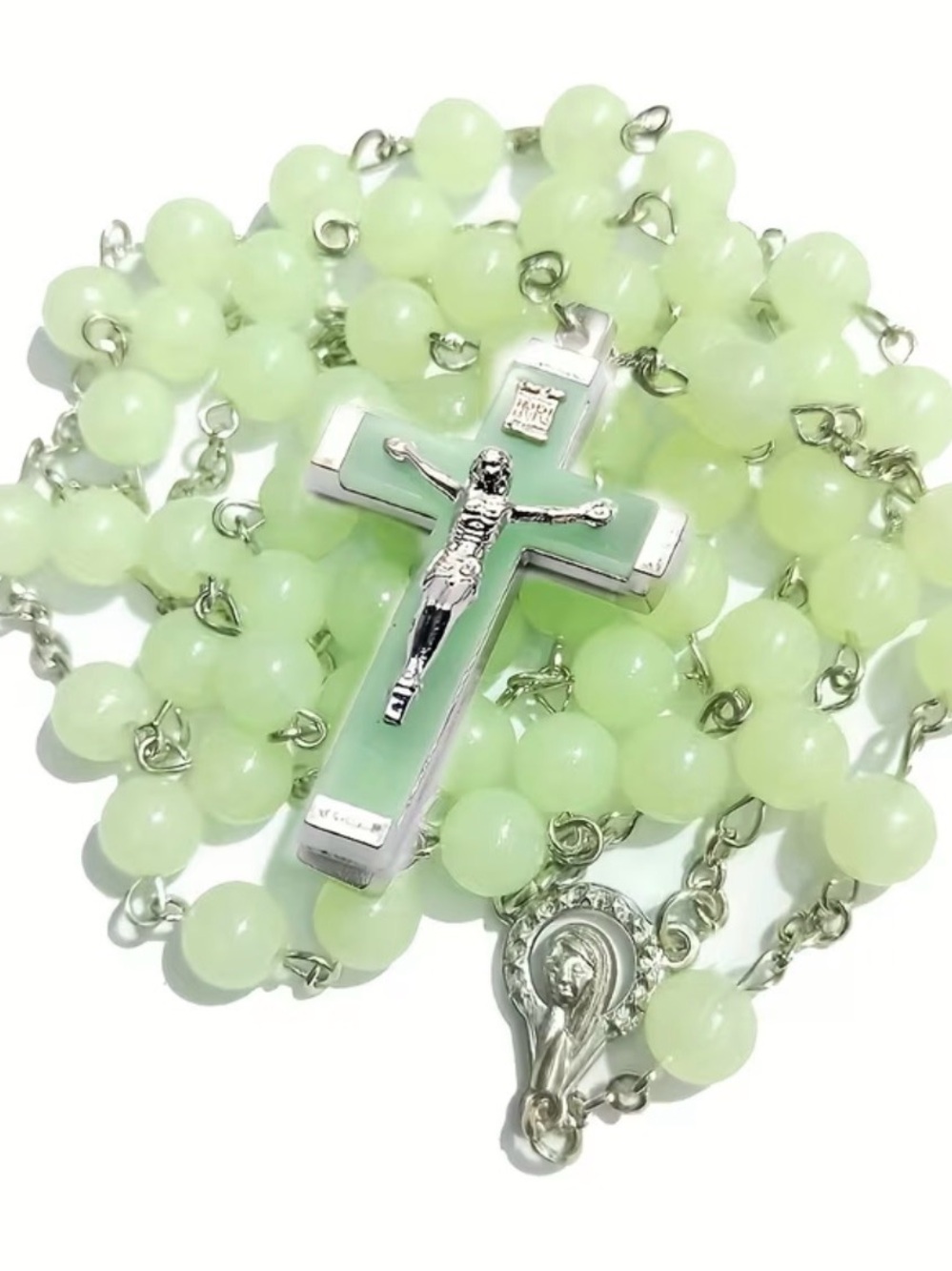 Light Green Bead Rosary Necklace with Silver-Tone Crucifix